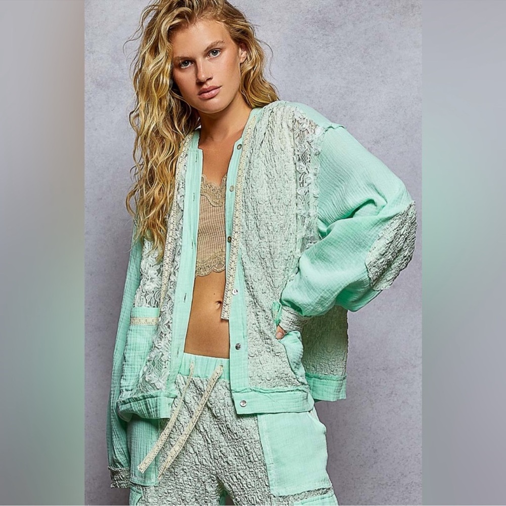 260 - POL Mint Green Hooded Jacket with Lace Accents